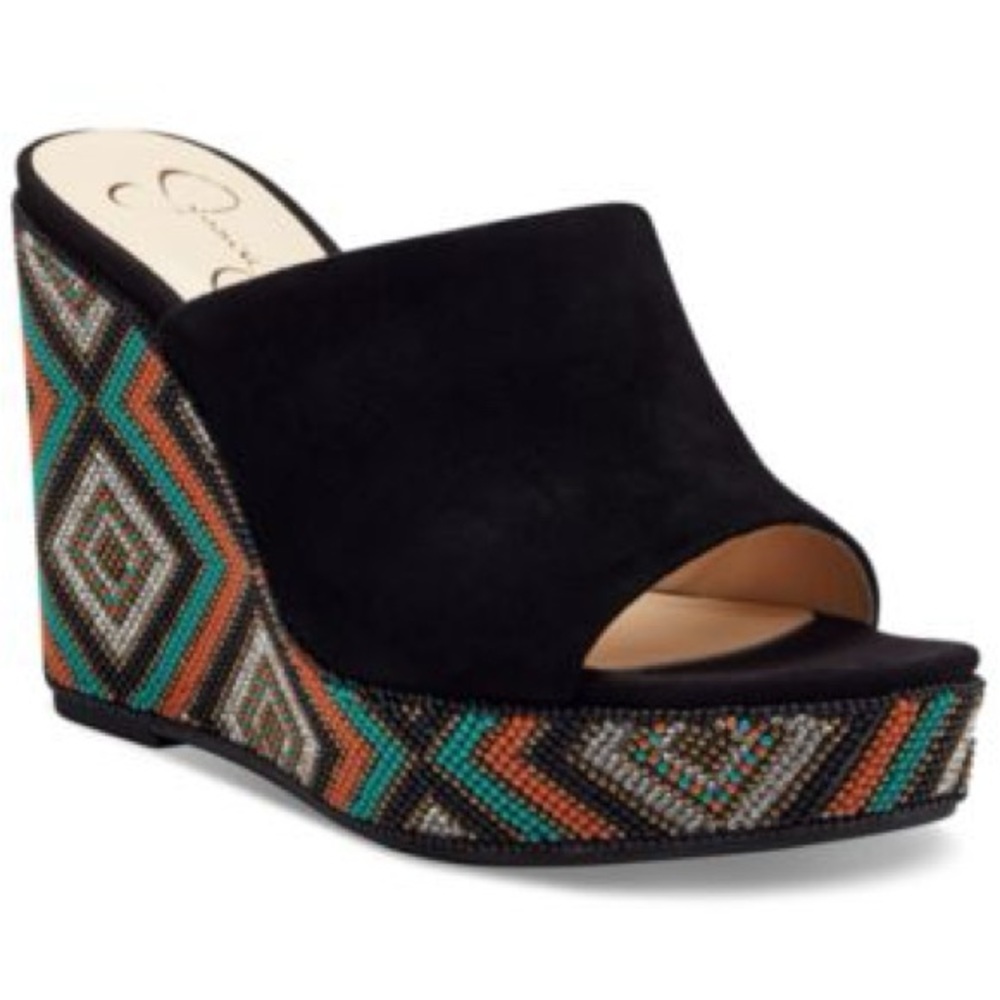 Jessica Simpson Black and Multicolor Beaded Wedges